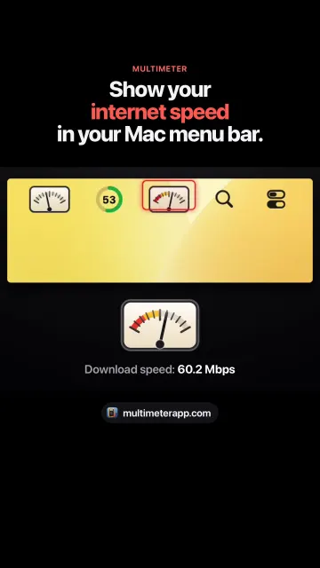 A needle gauge reading a 60.2 Mbps download speed in the Mac menu bar, from the video